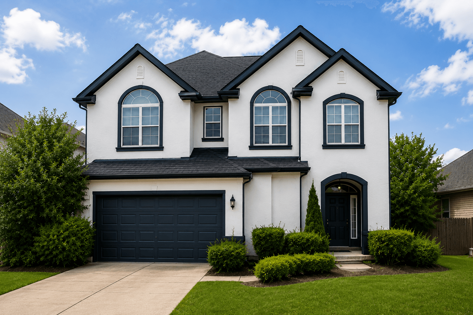 Freshly painted white home exterior with crisp navy trim after Dallas Paints