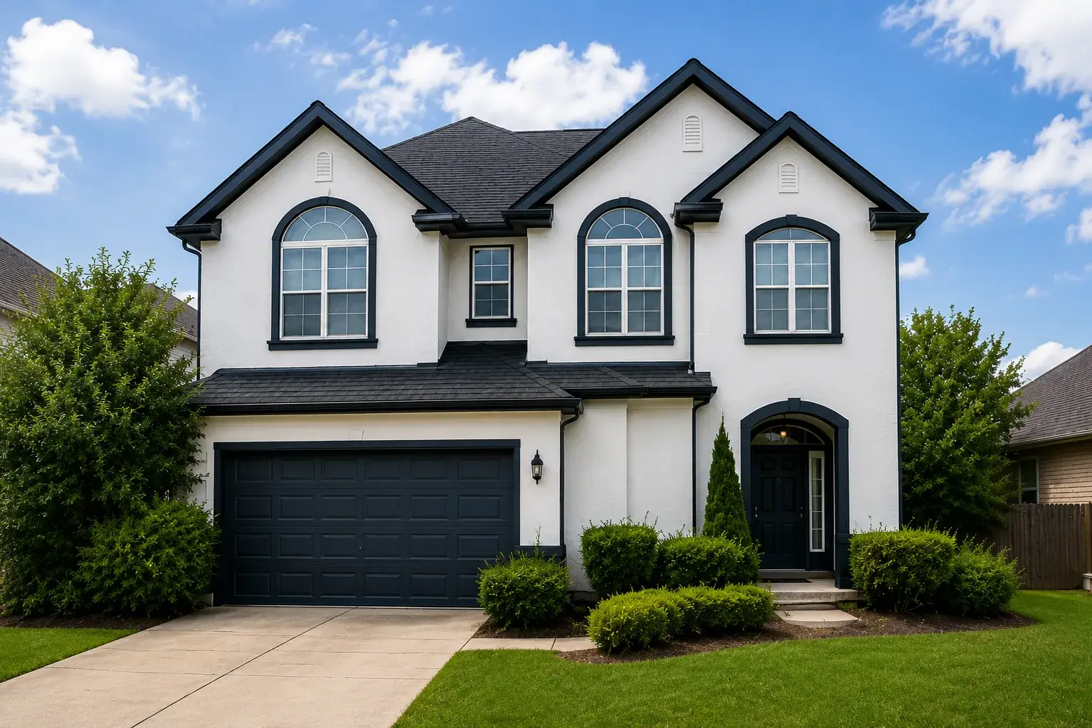 Freshly painted white home exterior with crisp navy trim after Dallas Paints