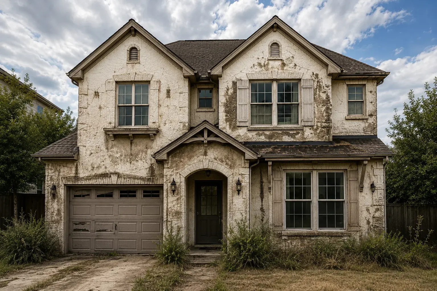 Neglected home exterior with fading and weathering